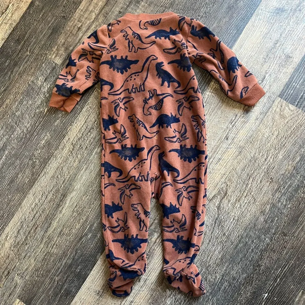 Cozy Dinosaur Print Footed Sleeper Pajamas Baby Toddler Zip-Up Romper Brown Navy